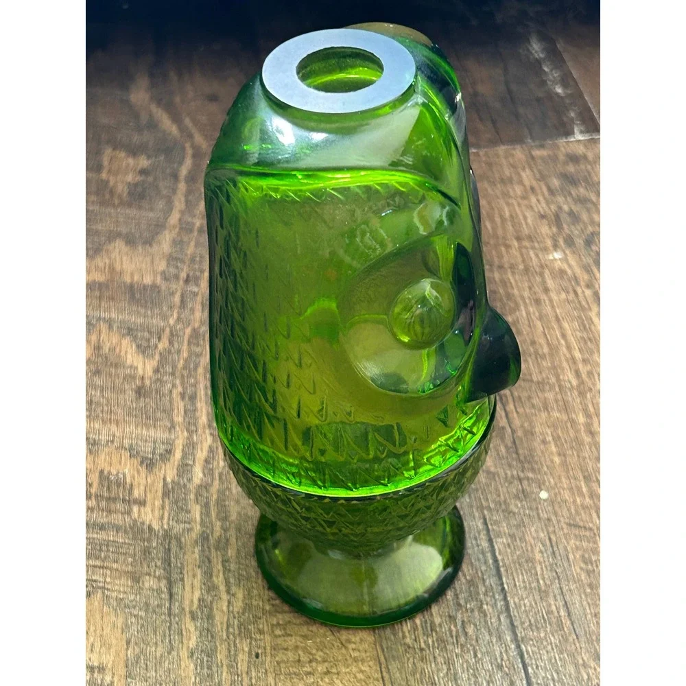Vintage Viking Glass Green Owl Fairy Lamp MCM Avocado Glimmer Glass 2 Piece Set